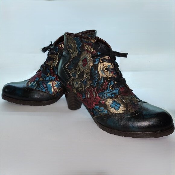 Embossed Floral Leather & Zippered Heeled Ankle Boots - Picture 1 of 8
